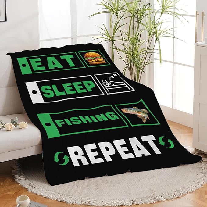 Fishing Blanket for Girls Women Boys Men Adults Kids Soft Cozy Fleece Eat Sleep Fish Hamburger Throw Blankets Fisherman Gifts Warm Flannel Plush Lightweight Decor for Couch Bed Sofa 80"X60"