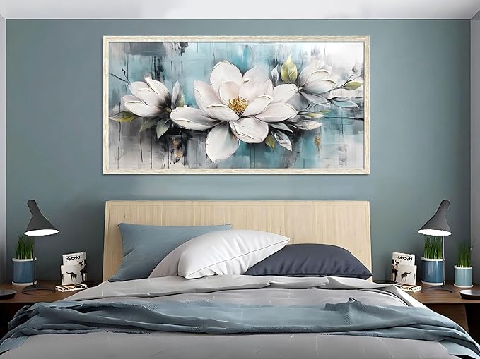 Ardemy Magnolia Wall Art Framed Canvas Wall Decor Living Room, White Floral Picture Wall Decor Teal Painting Flower Textured Artwork for Bedroom Dining Room Home Office 40"x20"