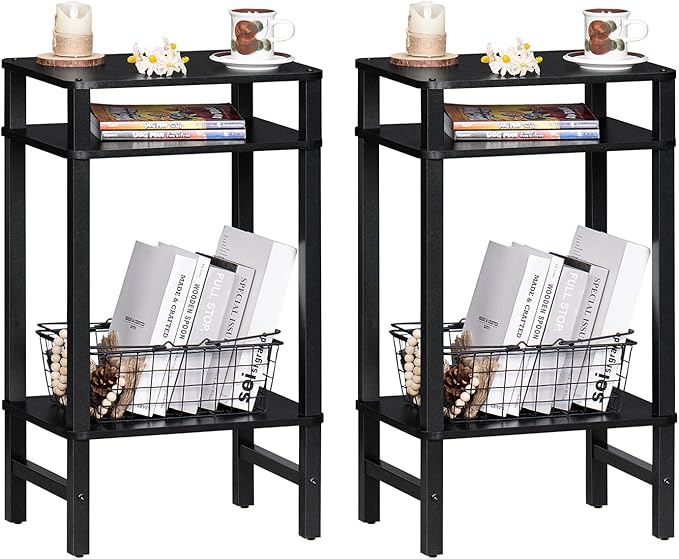 Side Table End Table Tall Night Stand 3-Tier 2 Pack for Living Room Bedroom Bathroom Office Furniture Black