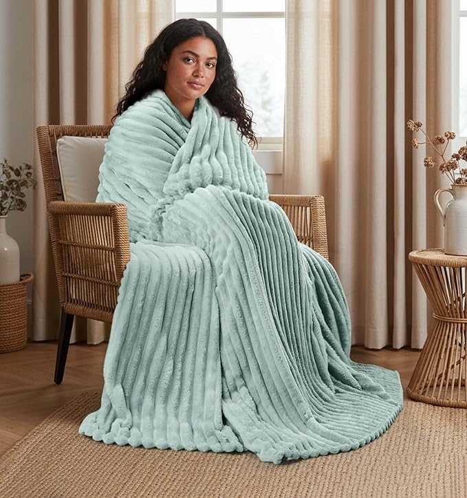 Utopia Bedding Sage Green Striped Fleece Blanket Twin Size – Fluffy, Warm & Lightweight Ribbed Throw for Bed, Sofa & Chair - Soft Cozy Blanket for Home Décor & Gifting (60x80 Inches)