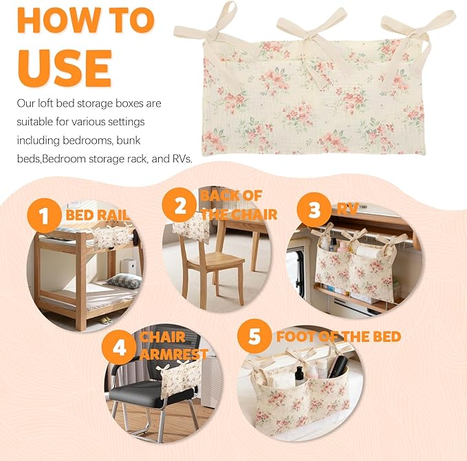 2 Pieces Floral Pattern Bedside Caddy with 2 Pockets, Bedside Hanging Storage Organizer, Dorm Rooms Bunk Bed Storage Bag for Home Phone Remote Control Key Glasses (Beige)