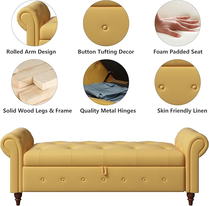 Aoowow Rolled Arm Storage Benches for Bedroom End of Bed Ottoman Bench 63" Long Bench with Storage and Seating for Living Room,Entryway,Window,Button Tufted with Solid Wood Legs (Linen Yellow)