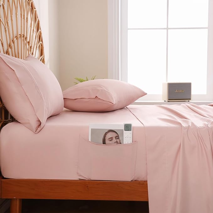 JSD Dusty Pink King Sheet Set with Side Pocket Corner Straps, 4 Piece Soft Microfiber Bed Sheets Extra Deep Pocket
