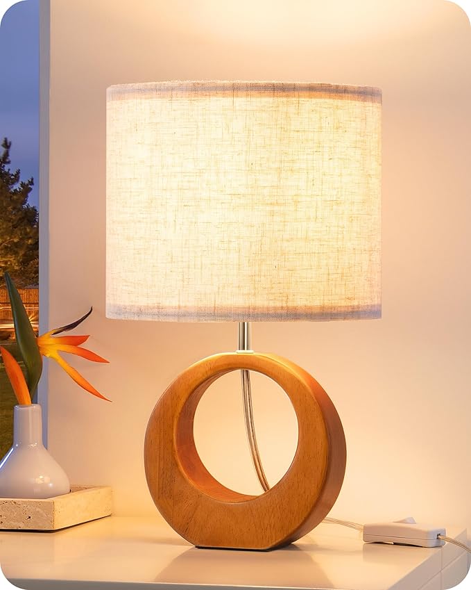 EDISHINE 13.4" Small Table Lamp, Wood Nightstand Lamp with Beige Linen Lampshade & ON-Off Switch, E26 Base, Boho Bedside Lamp for Living Room, Bedroom, Dark Pearwood