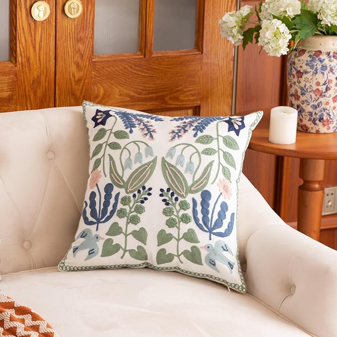 YIcabinet Pillow Covers Set of 2, Embroidered Branch Pattern Throw Pillow Cover,Square Cotton Cushion,Pillow Case for Sofa Bedroom Couch,18"x18"