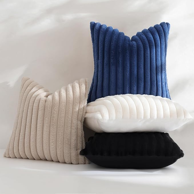 decorUhome Summer Cozy Faux Fur Throw Pillow Covers 22x22 Set of 2 Decorative Soft Plush Striped Modern Farmhouse Boho Couch Euro Sham Pillow Cases with Velvet Back for Sofa Bed Living Room, Beige