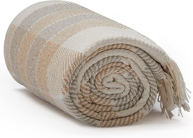 Americanflat 50x60 Throw Blanket - Soft and Breathable Cotton Throw Blanket for Couch, Bed, Chair - Decorative Blankets Perfect for Home, Office, or Outdoor Use - Camel and Beige Plaid Design