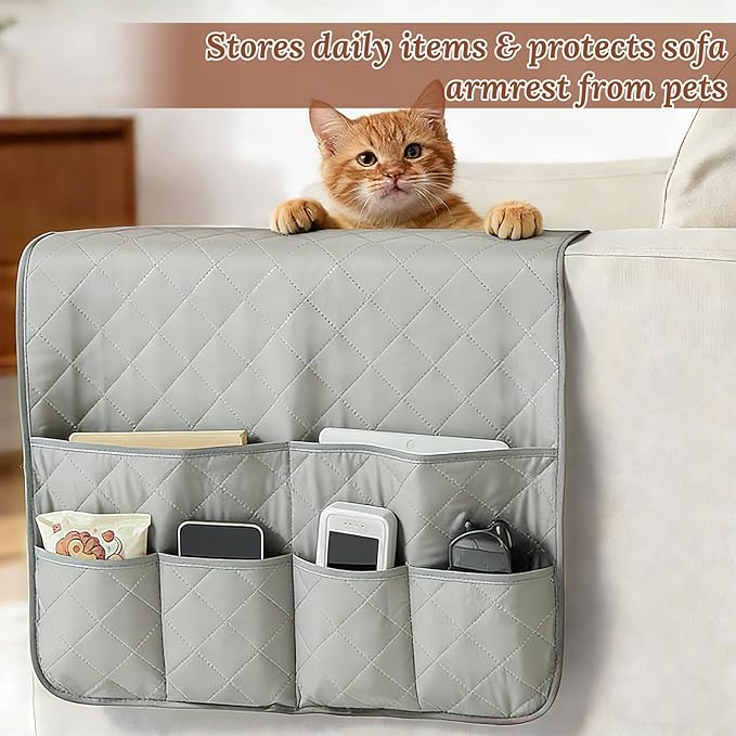 Sofa Armrest Organizer with 6 Pockets, Remote Control Holder for Recliner, Non-Slip Couch Sofa Chair Armrest Organizer, Armchair Caddy Bedside Storage for Magazine Book TV Phone iPad Tablett (Grey)