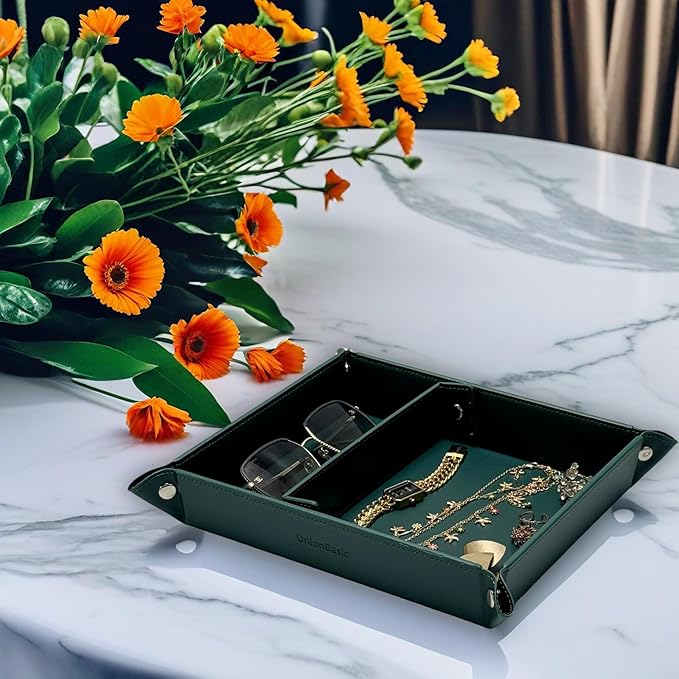 UnionBasic Medium Valet Tray, Jewelry Tray for Rings Watches Earrings, Entryway Catchall Caddy for Coins Keys Change, Nightstand Bedside Valet Holder, Trays for Electronic Gadgets, Vintage Green Plus