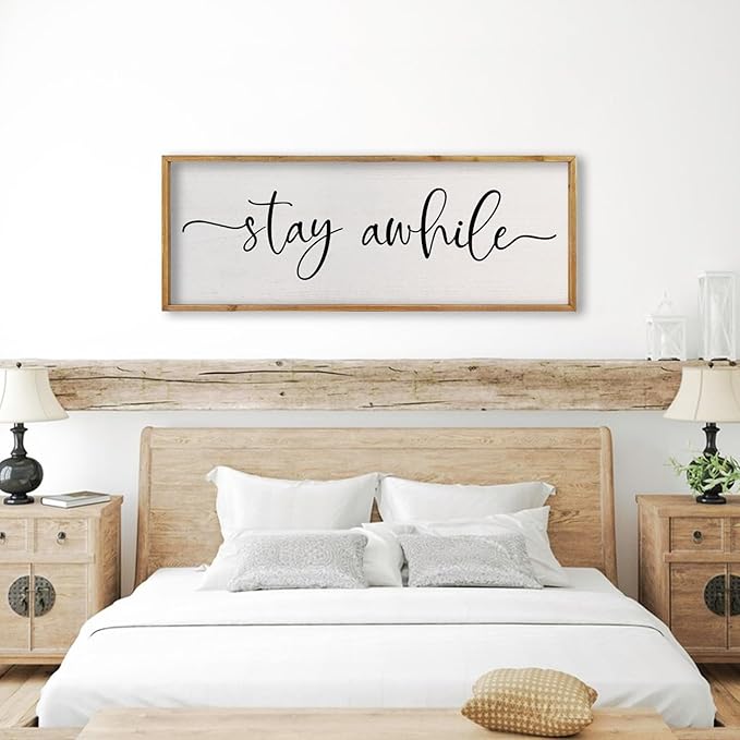 comurdyo Living Room Wall Decor Stay Awhile Sign 32"×12" Lets Stay Family Home Large Vintage Farmhouse Simple Wood Frame for Entryway Hallway Plaque Horizontal Art Hangin (Wood)
