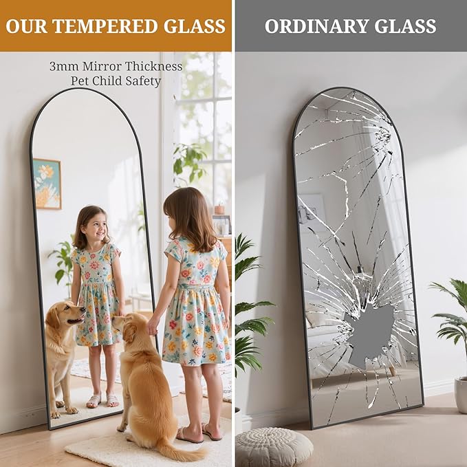 Full Length Mirror 64"x21" Full Body Mirror Arched Free Standing Wall Mounted Leaning Floor Mirrors with Stand Aluminum Alloy Frame for Bedroom Cloakroom, Black