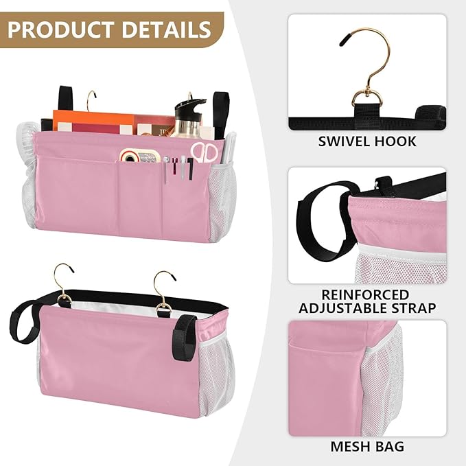 DOMIKING Pink Bedside Caddy for Dorm Bed Recliner Armrest Organizer with Hooks Haning Holders for Magazine Tablet Phone