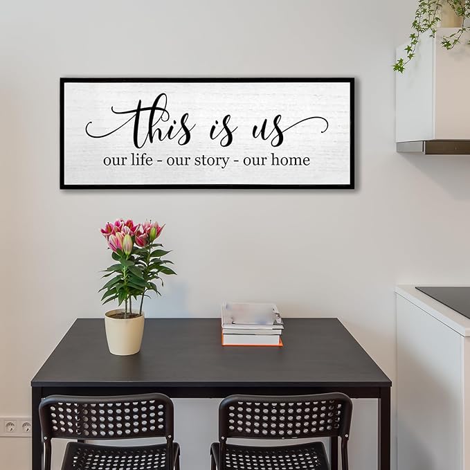 TQianJiang Simple Family Quote This Is Us Wall Decor 40"×15" Our Life Our Story Our Home Sign for Living Room Wall Art Entryway Farmhouse Large Rustic Wooden Framed House Plaque Hanging (Black)