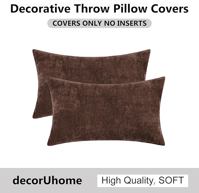 decorUhome Chenille Reddish Brown Throw Pillow Covers 12x20 Inch Set of 2, Decorative Soft Couch Pillow Covers Solid Dyed Accent Farmhouse Neutral Rectangle Pillow Cases for Sofa