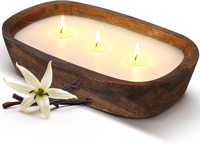 Threlaco 1 Pack 10 Inch Wood Dough Bowl Candles Home Rustic Dough Bowl Soy Candle 3 Wick Scented Candles Gifts for Men Women Farmhouse Table Centerpiece Home Decor for Christmas(Vanilla)