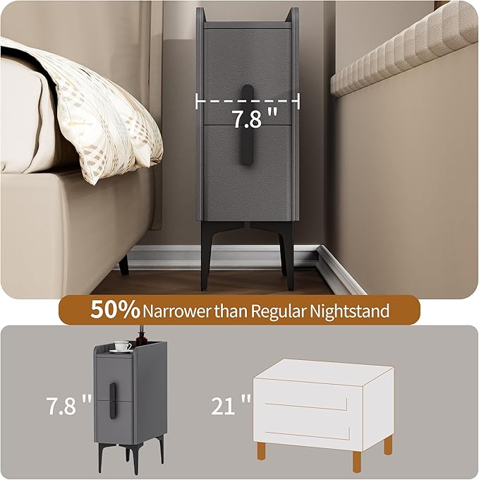 VICITON Narrow Nightstand with 2 Drawers, Narrow Side Table Leather Surface, Slim Bedside Table for Bedrooms, Dormitories, Living Rooms (Light Gray, 15.7" D x 7.8" W x 22.4" H)