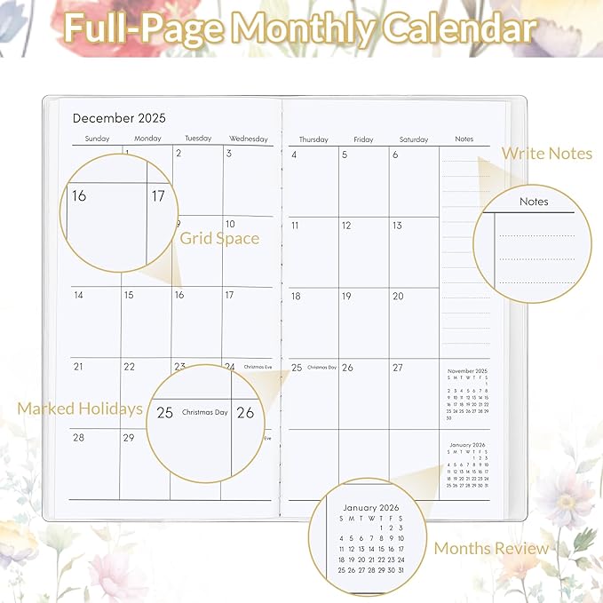 Pocket Calendar 2026-2027, Floral 2026-2027 Monthly Planner - 3.7" x 6.7" - Runs from January 2026 Until December 2027, 2026 Pocket Planner with PVC Cover for Student, Women, Office Supplies