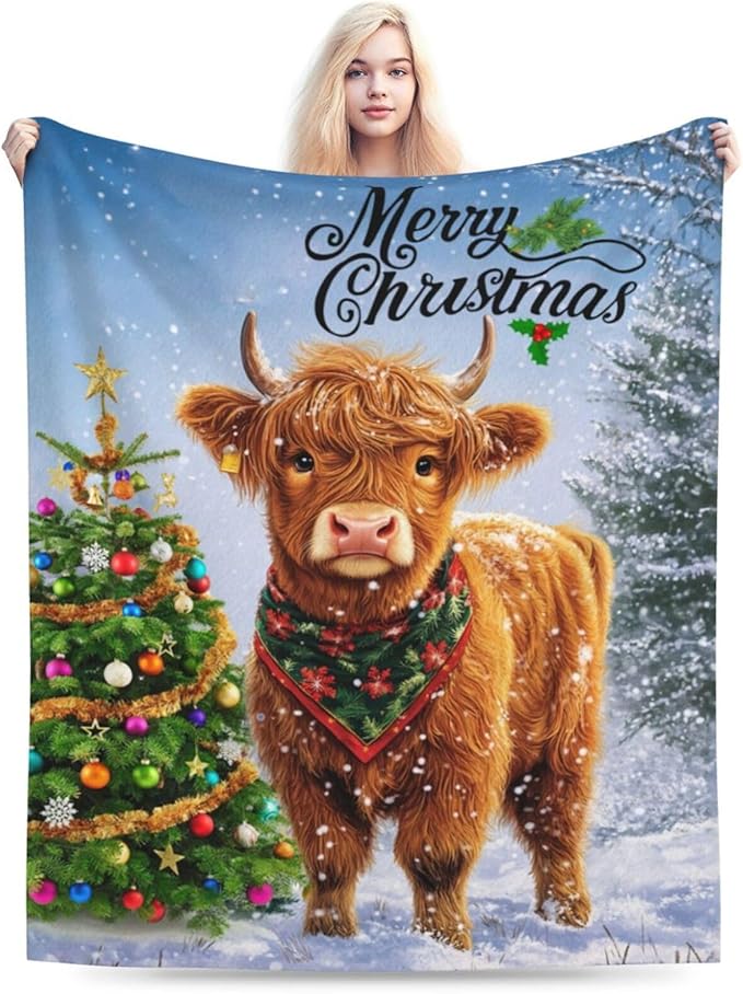 Christmas Highland Cow Blanket Cow Gifts Warm Cozy Cow Print Throw Blanket Soft Lightweight Fleece Plush Fuzzy Blanket for Girls Women Kids Aults Bed Decor 40"X50"
