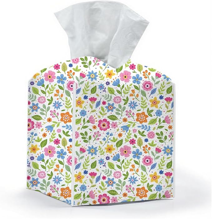 Tissue Box Cover, Tissue Box Holder, Square with Belt Bottom, PU Leather Decorative Organizer for Desk, Tabletop, Countertop Bathroom, Toilet Car, Office, Dresser Kitchen, Aesthetic Flower Decor