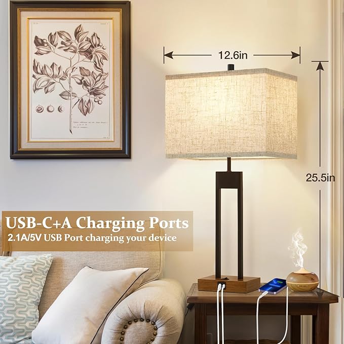 GyroVu Extra Large 25.5'' Set of 2 Modern Bedroom Table Lamps with USB C+A Ports, Color Changeable, Brown Night Stand Lamps for Bedside, Guest Room, Office, Reading