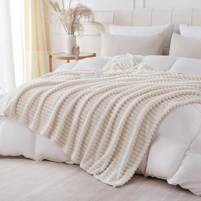 Cream White Throw Blanket for Couch Sofa 50x60 inches Striped Fleece Blankets Room Home Decor Lightweight Plush Soft Cozy Gifts for Women Mom Girls