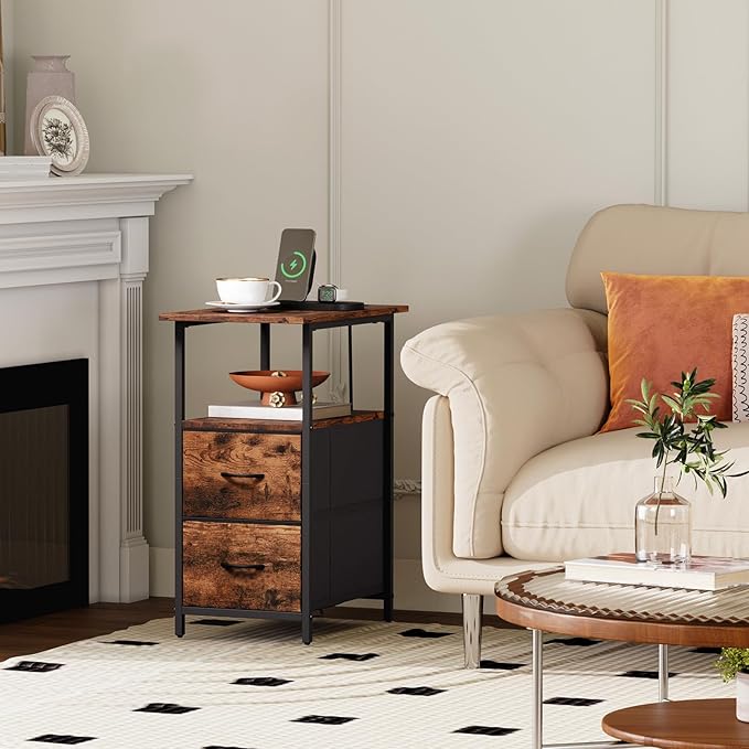 Somdot End Table with Charging Station,Narrow Side Table with 2 Fabric Drawers,Skinny Nightstand with Storage,Small Slim Bedside Table for Living Room,Sofa,Bedroom,Couch,Wood Grain Print