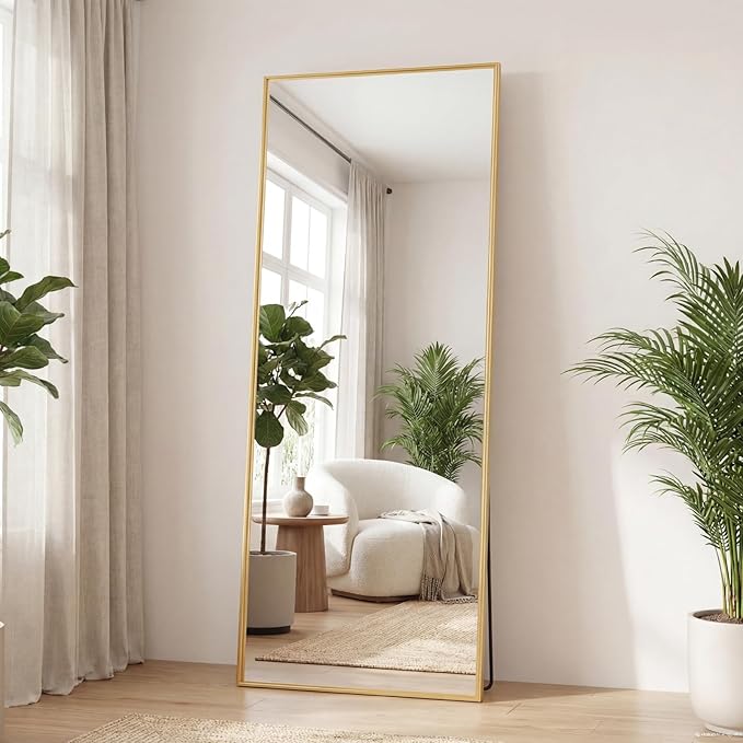 DUMOS Full Length Mirror 24"x 65.1" for Bedroom, Full Body Mirror with Stand, Hanging or Leaning for Wall, Aluminum Alloy Thin Frame Floor Standing for Living Room, Long, Gold