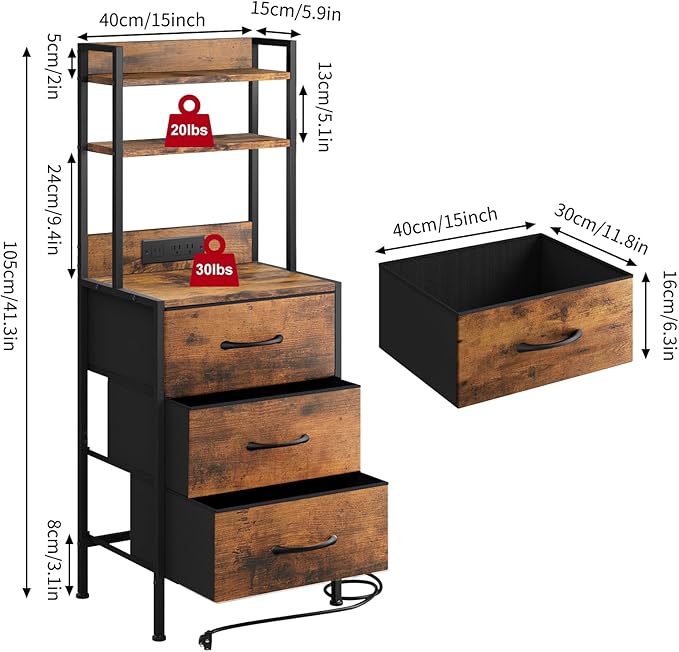 Fixwal 41 Inch Tall Nightstand with Charging Station, Led Night Stand with U-S-B Port & Socket, 3 PU Finished Fabric Storage Drawers, Office, Bedside Table & Bookshelf in One, Rustic Brown