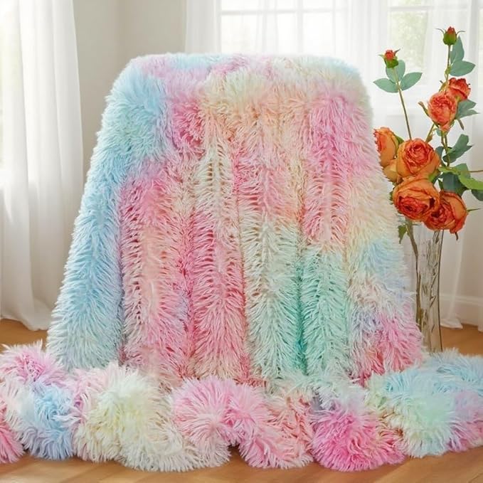 MYRU Plush Super Soft Blanket, Colorful Bedding Sofa Cover, Furry Fuzzy Faux Fur Throw, Cozy Tie Dye Shaggy Couch Blanket (51"x63", Rainbow)