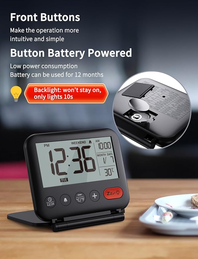 NOKLEAD Digital Travel Alarm Clock for Bedroom Office: Small LCD Desk Clock with Backlight Date Temperature Snooze 12/24H Weekend Mode and Mirror, Battery Powered Folding Bedside Clock for Adult Kids
