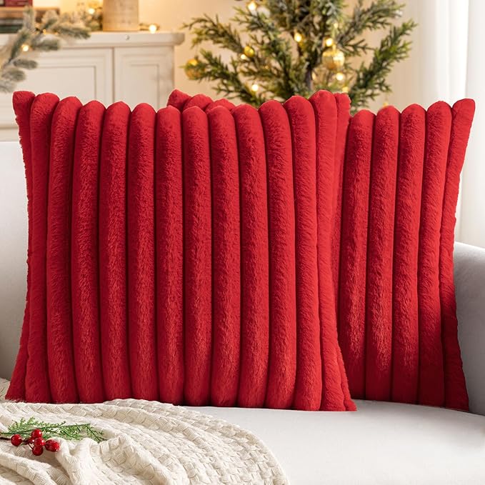 MIULEE Faux Fur Decorative Throw Pillow Covers 18x18 Inch Set of 2, Modern Spring Home Decor Soft Plush Couch Pillows Cozy Fluffy Cushion Covers for Sofa Bed Red