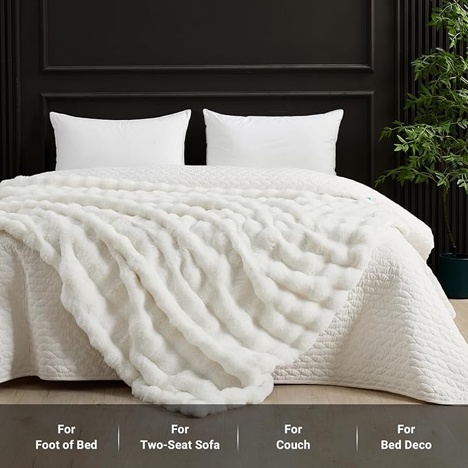 SAPHREAS Faux Fur Throw Blanket for Couch, Fluffy Fuzzy Bubble Blanket for Sofa Bed Living Room, Decor Soft Cozy Gifts for Women Men, 60x80” Cream White