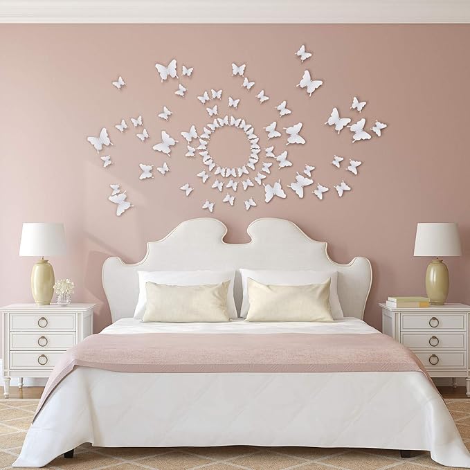 BBTO 48 Pieces Butterfly Wall Decor DIY 3D Mirror Butterfly Stickers Removable Decals Crafts for Birthday Party Bedroom School Bathroom Living Room Decor(White)