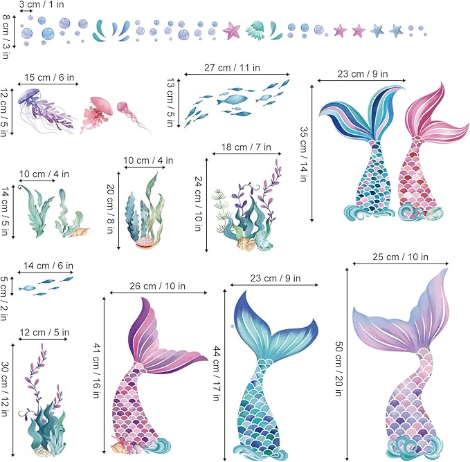 wondever Mermaid Tail Wall Stickers Under The Sea Mermaid Bubble Seaweed Peel and Stick Wall Art Decals for Baby Nursery Girls Bedroom Bathroom