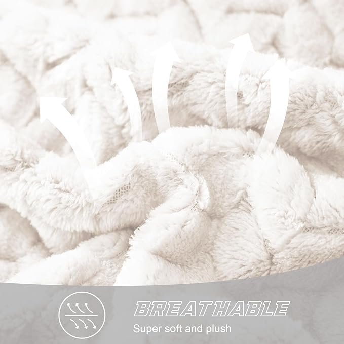 Exclusivo Mezcla Fleece Twin Size Blanket for Bed, 60x80 Inches Soft Cozy Jacquard Flannel Blankets, Lightweight Fuzzy Plush Warm for Women, Off White