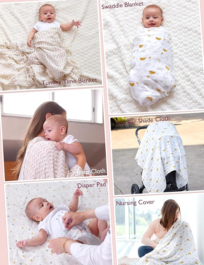 Momcozy Muslin Swaddle Blankets, 4-Pack Breathable and Skin-Friendly Receiving Blankets, Best Wishes Swaddle Blanket Shower Gifts & Baby Registry Essentials, Large 47"x47", Stellar Orbit