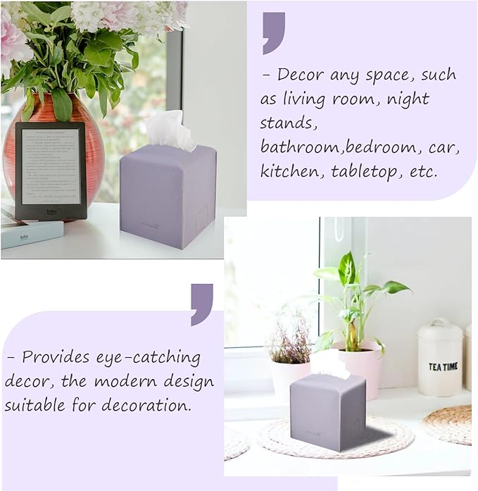 Tissue Box Cover 5X5X5'' PU Leather Tissue Holder Square Tissue Cube Box Organizer for Bathroom Vanity Countertop, Car, Night Stands, Office, Home, Kitchen (1Pack, Light Bray Purple)