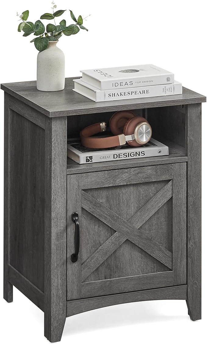 VASAGLE LIRY Collection - Farmhouse Nightstand with Barn Door, Bedside Table with Storage, Side End Table, Night Stand, Open Compartment, for Bedroom, Misty Gray ULET609G68