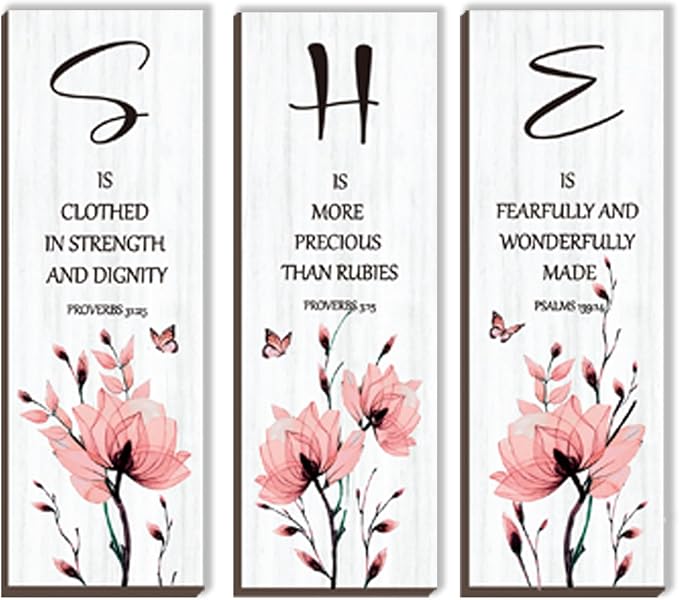 DONFENTHY 3 Pieces Inspirational Pink Floral Wall Decor Wooden Hanging Wall Art Christian Quotes SHE Word Sign Gift for Girl Teen Women Bedroom Bathroom Living Room Nursery Office (Pink 12x4 Inch)