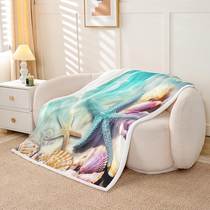 Erosebridal Ocean Beach Fleece Blanket with Starfish & Conch Shell Design - Teal Calm Sea Coastal Sherpa Throw for Kids, Girls, Women - 30"x40" Purple Yellow