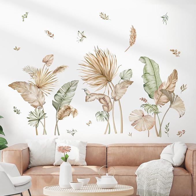 Decalmile Boho Tropical Leaves Wall Decals - Palm Leaf Green Plants Wall Art Stickers for Living Room, Sofa, TV Background