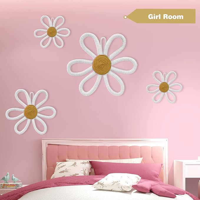6 Pcs Boho Nursery Daisy Wall Decor, Woven Flowers Wall Hanging Art, White Boho Floral Room Decor with Lanyard for Office, Toddler Baby Little Girls Kids Home Bedroom Above Bed Decorations (White)