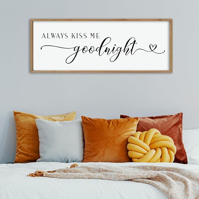 comurdyo Romantic Couple Always Kiss Me Goodnight Sign 40"×15" for Large Modern Rustic Love Theme Master Bedroom Above bed Wood Frame Horizontal Hanging Wall Art Decor (Wood)