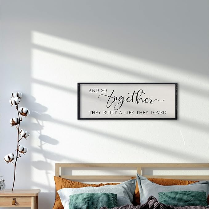 comurdyo Love Quote Wall Art And So Together They Built A Life They Loved Sign 32×12 Inch for Master Bedroom Over the Bed Living Room Farmhouse Rustic Wood Framed Wall Hanging Decor (Black)