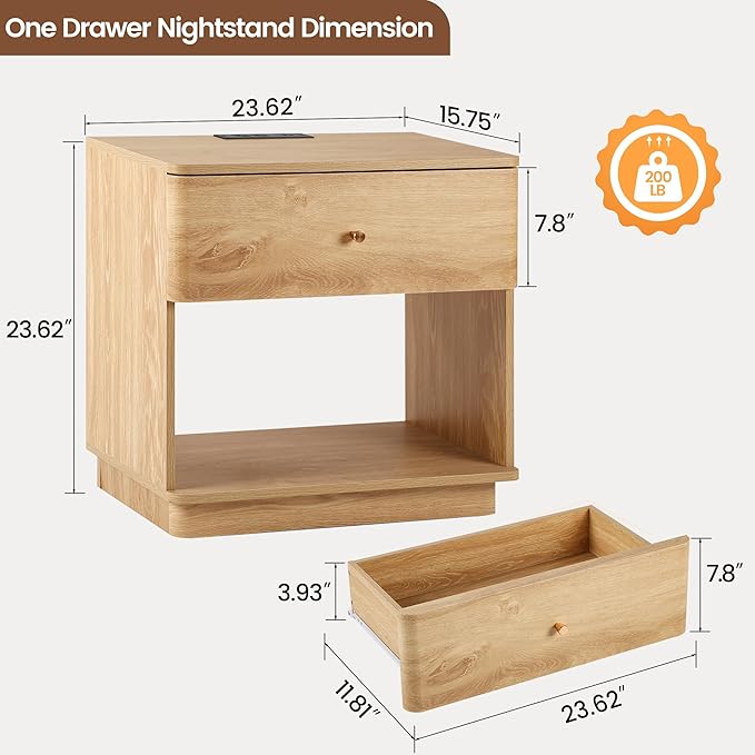 Modern Night Stand with Charging Station for Bedroom, Nightstand Bedside Table with Drawer and Storage Shelf for Bedroom (Natural-Charging Station-1 pc)