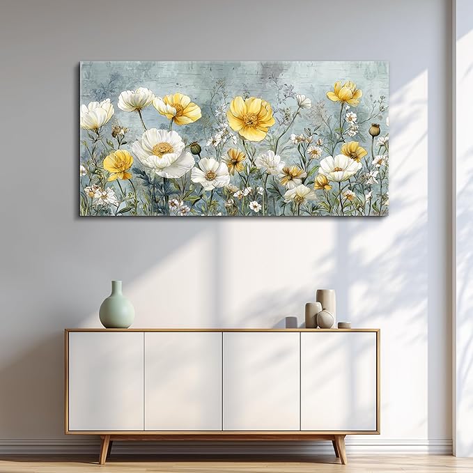QIYILEXWART Large Wall Decor For Living Room Canvas Wall Art For Office Modern Wall Decorations For Bedroom Yellow White Flowers Landscape Painting Farmhouse Pictures Artwork Room Home Decor 24x48 In