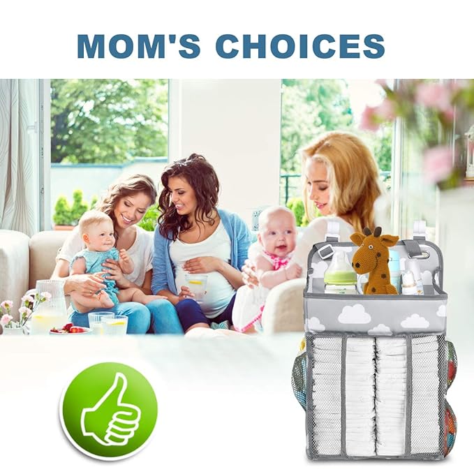 Diaper Caddy Hanging Diaper Caddy Organizer, Hanging Nursery Nappy Organiser Diaper Holder Caddy Stacker for Baby Girl Boy Crib Changing Table Playard Wall Baby Shower Gifts Bedside Storage Bag -Grey