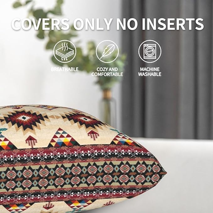 Native American Navajo Geometric Throw Pillows Covers 2 Pack 18" x 18", Polyester Double-Sided Southwestern Aztec Tribal Cushion Cases, Rustic Southwestern Home Decor for Sofa Living Room Cabin Decor