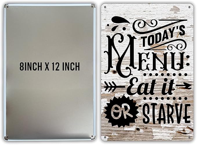 QIONGQI Funny Kitchen Quote Metal Tin Sign Wall Decor Farmhouse Rustic Today's Menu Eat It Or Starve Sign for Home Kitchen Decor Gifts