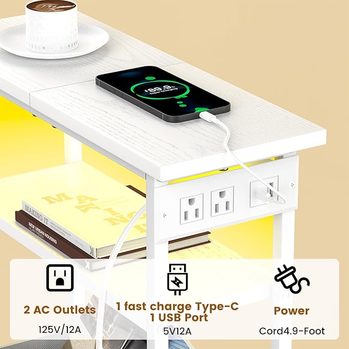 Narrow Bedside Table with Charging Station and LED Light, Skinny Nightstand with USB Ports & Type-C, End Table with 1 Fabric Drawer, Slim Side Table for Bedroom, Nursery, Living Room, White